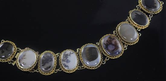 A 19th century gold and moss agate bracelet, 6.75in.